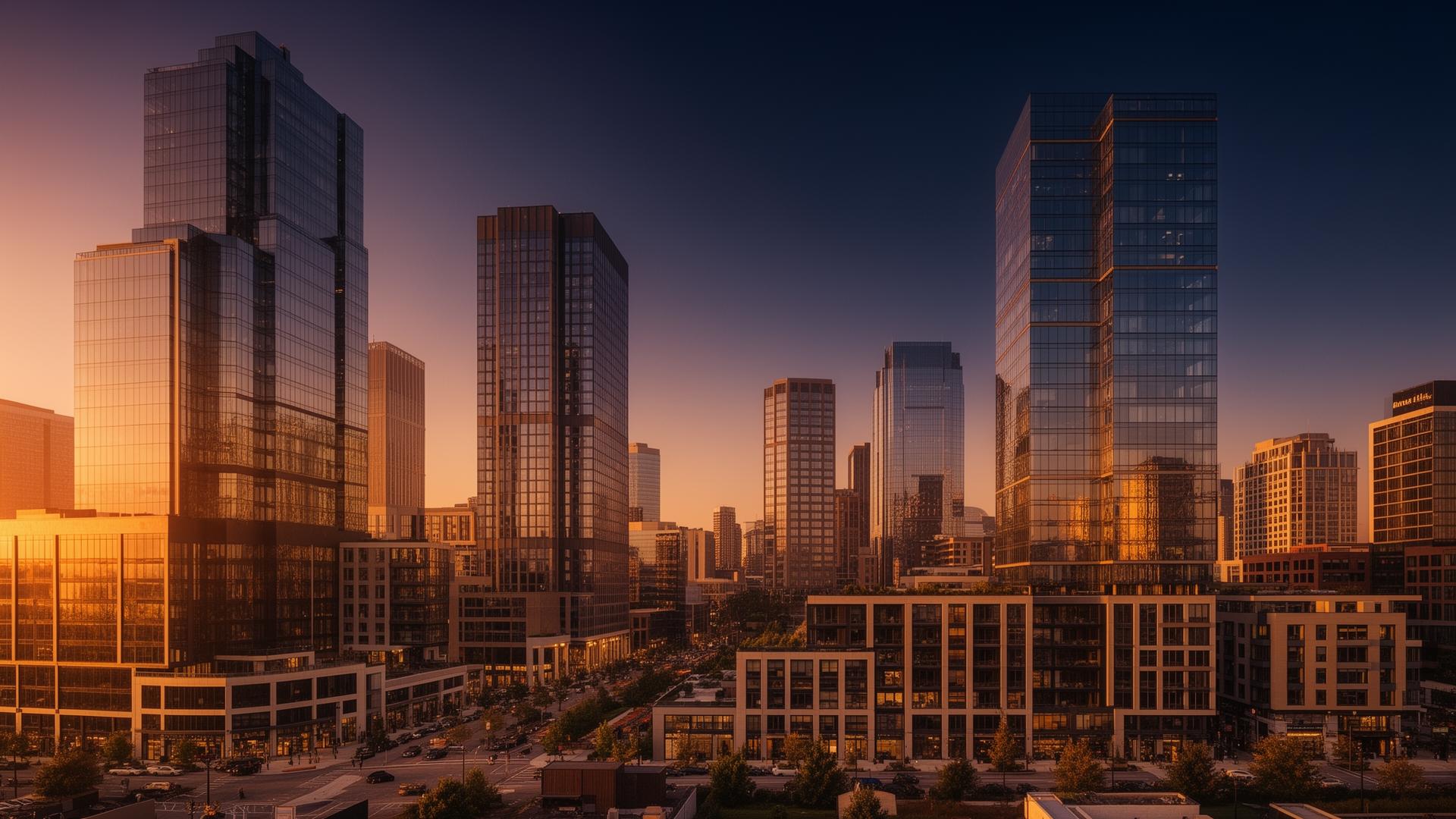 Modern downtown commercial real estate skyline at golden hour